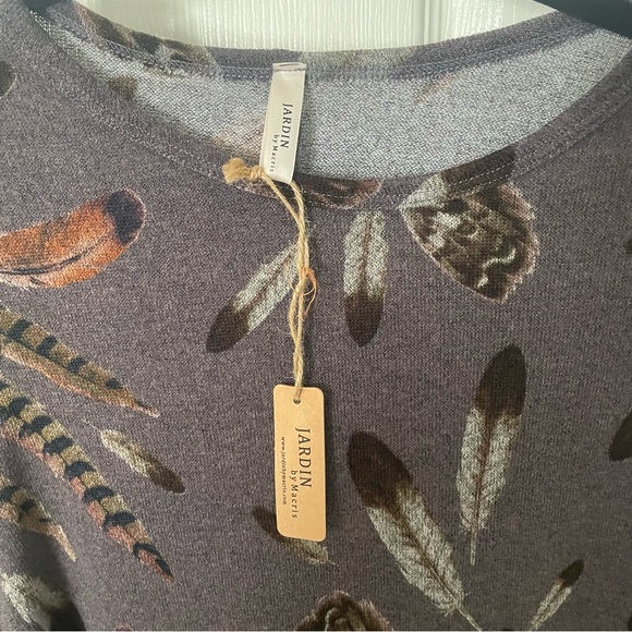 Jardin by Macris Tunic Sweater Dress S Feather Print Pockets Brown Flare Swing - Picture 2 of 8